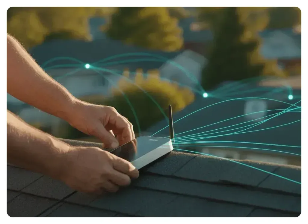 Hands installing a wireless device on a rooftop with digital network signals, representing grassroots participation in DePIN networks.