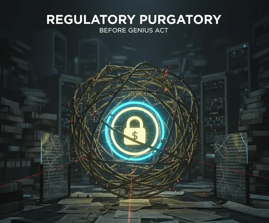 A glowing digital dollar lock symbol wrapped in tangled regulatory wires, representing stablecoins stuck in regulatory uncertainty before the Genius Act.