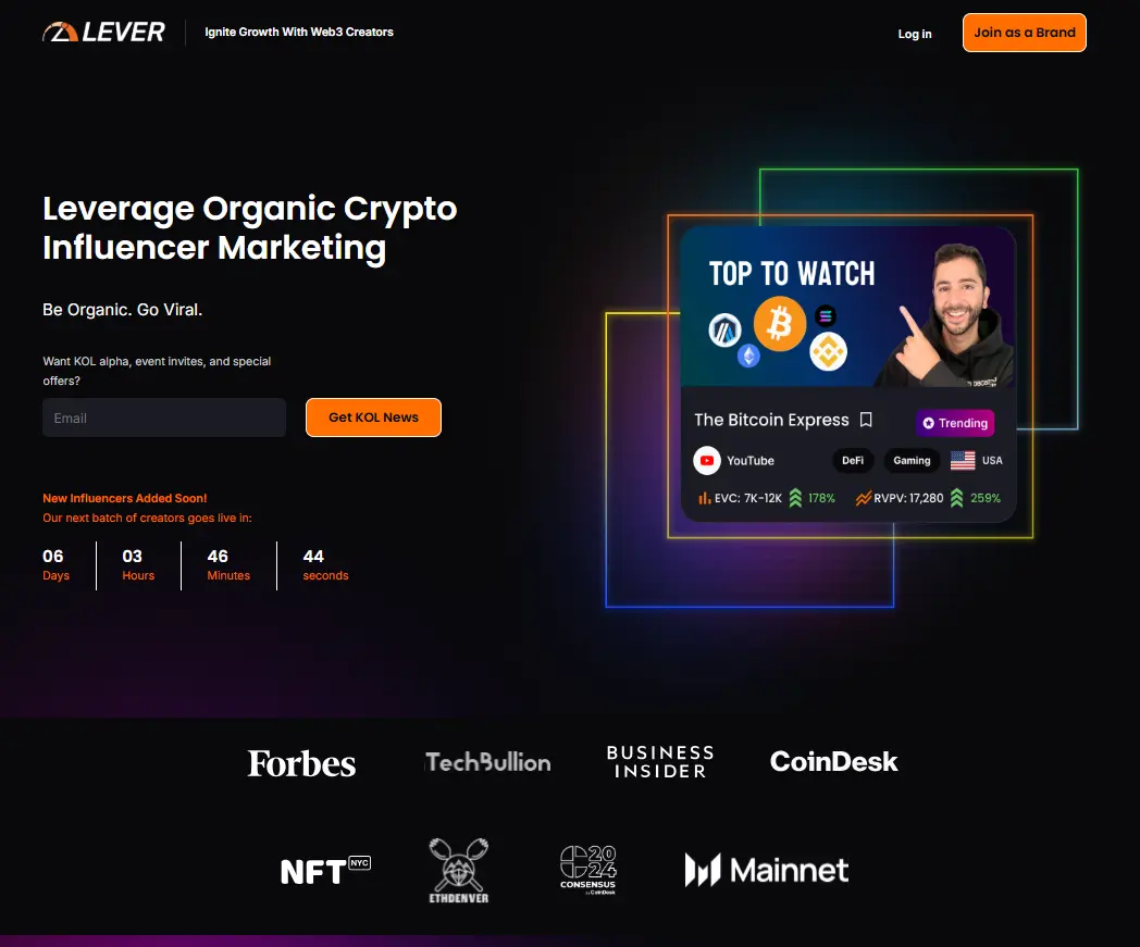 Launch organic crypto marketing campaigns with influencers and KOLs on Lever.io