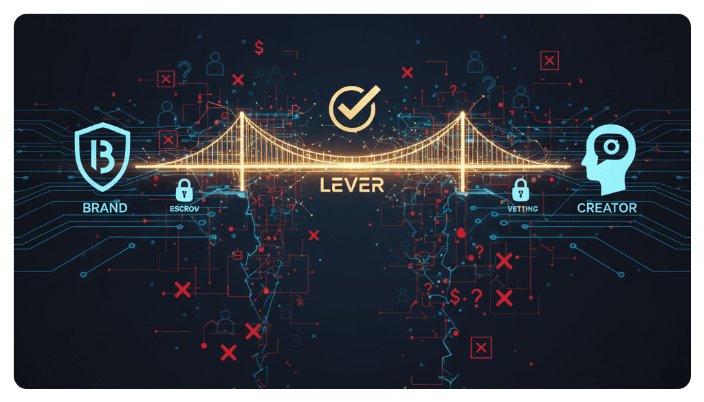 Graphic showing Lever as the bridge between creators on X, YouTube, and TikTok and the crypto brands hiring them.