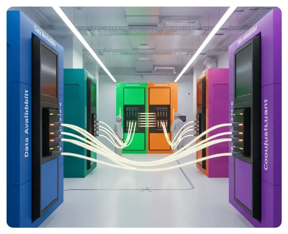 Color-coded modular blockchain servers showing execution, settlement, and data availability layers, highlighting the shift toward modular chain architecture.