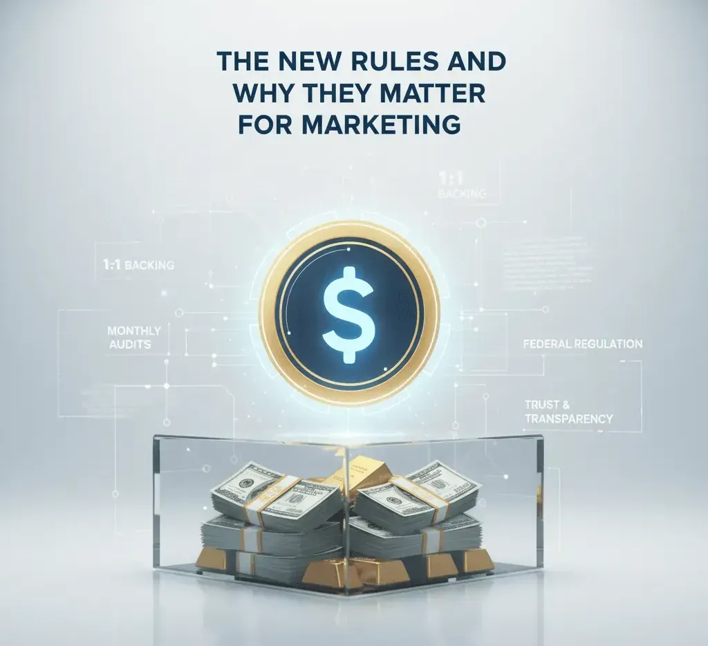 A transparent display case of cash and gold bars under a digital dollar icon, illustrating new stablecoin rules focused on 1:1 backing, audits, and transparency after the Genius Act.