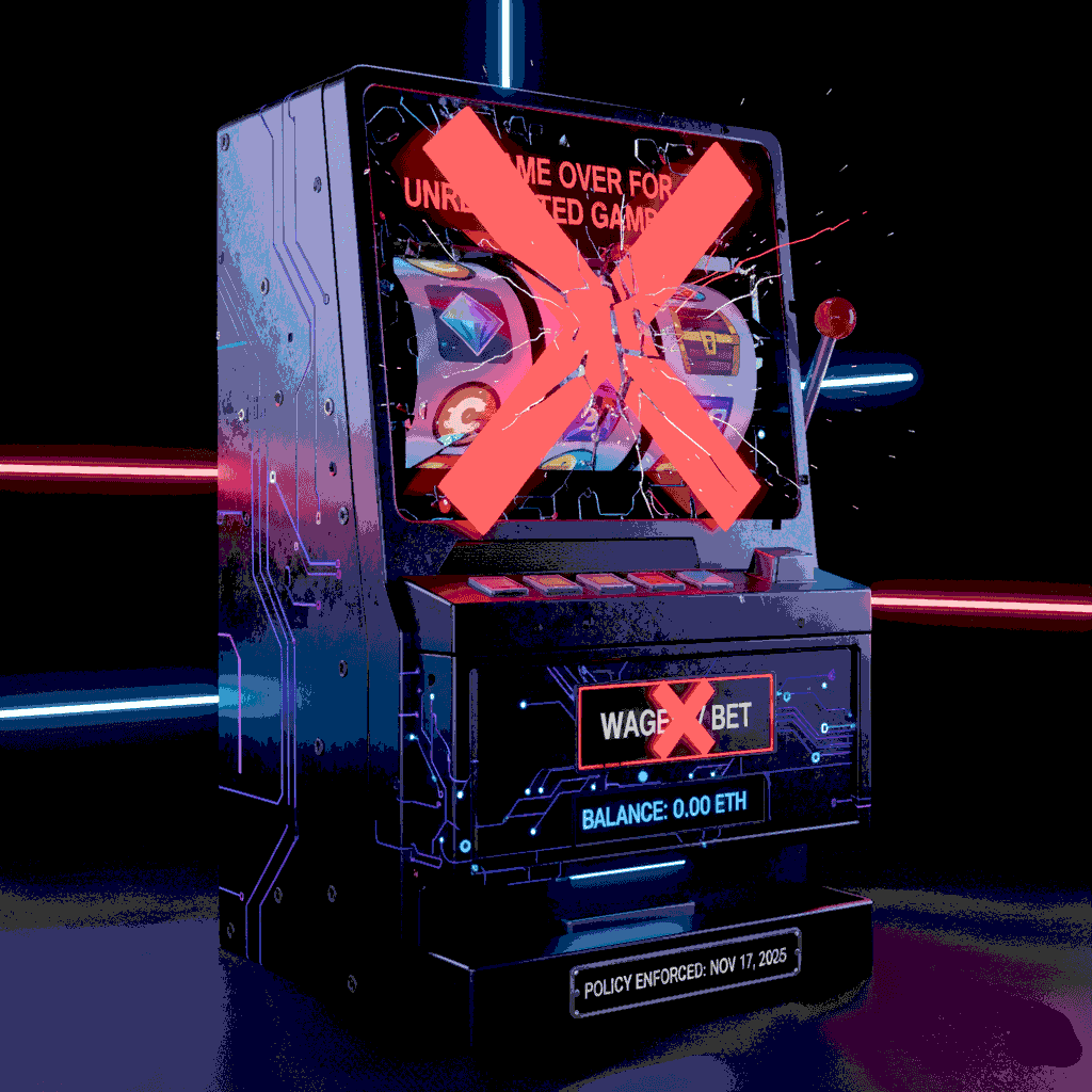 A cracked, stylized Web3 slot machine with a large red X over the "Wager/Bet" button and the text "Game Over for Unregulated Gambling" due to policy enforcement.