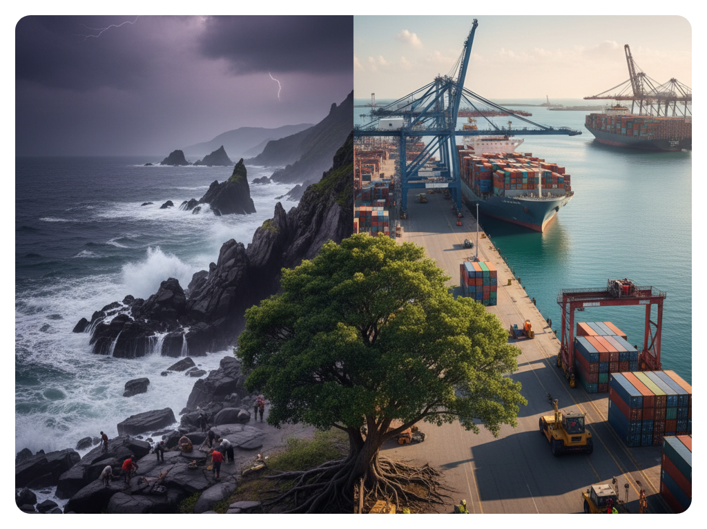 Split scene showing a stormy rocky coastline contrasted with a thriving shipping port, symbolizing the challenges and opportunities in global Web3 expansion.