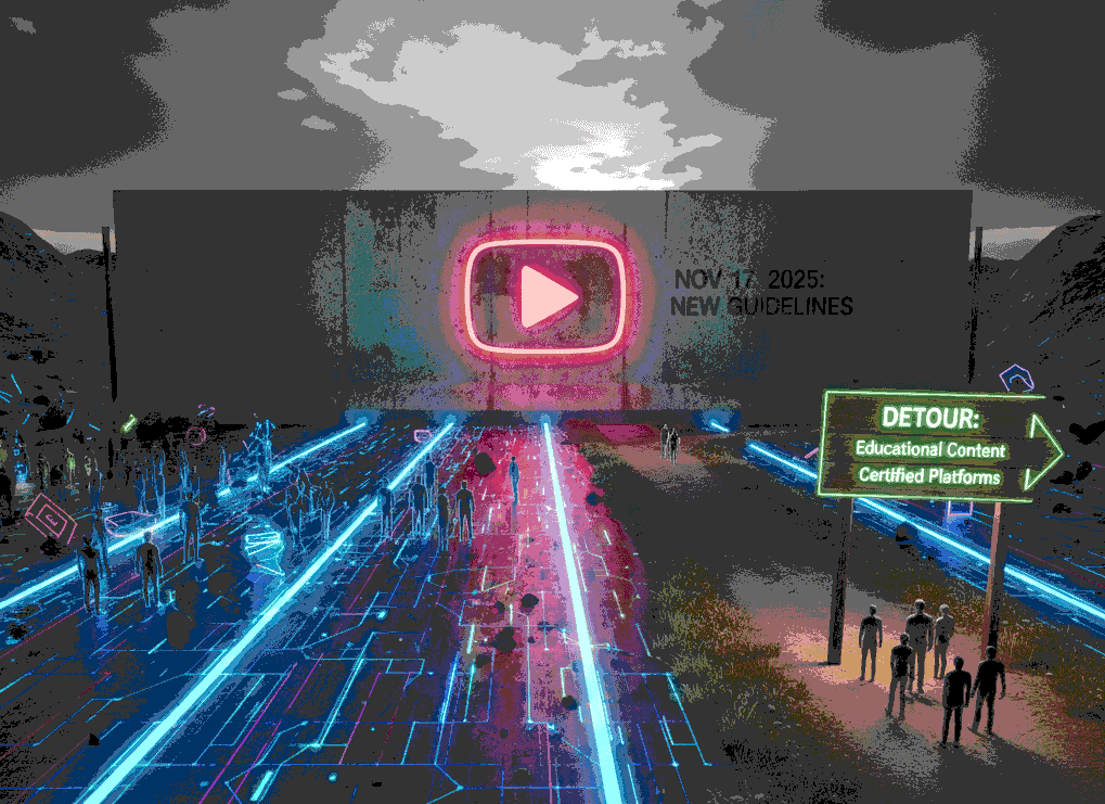 Conceptual graphic showing a glowing Web3 highway blocked by a concrete wall with the YouTube logo, forcing creators onto a compliant "Detour" road for Educational Content.