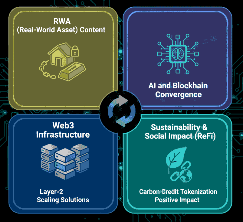 Quadrant map of emerging Web3 content opportunities post-policy change, featuring RWA Content, AI and Blockchain Convergence, Web3 Infrastructure, and Sustainability (ReFi).