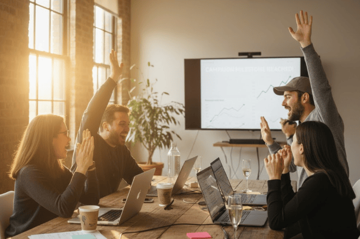 A startup team celebrates around a table while campaign performance graphs appear on a screen behind them, indicating positive results.