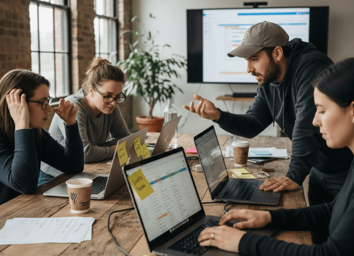 A marketing team collaborates around a table with laptops and analytics dashboards open, planning a Web3 campaign strategy in a modern office.