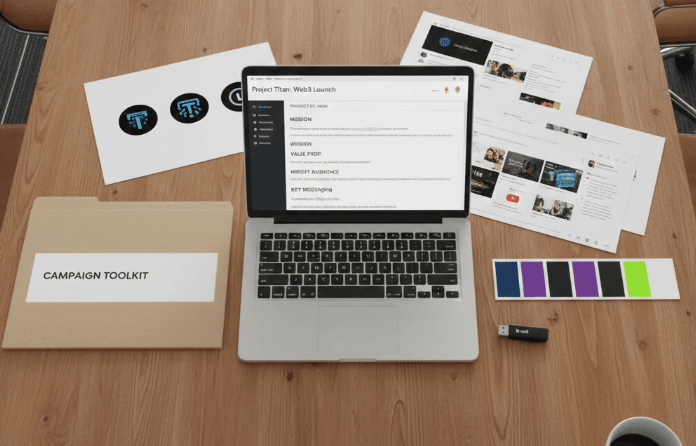 A laptop and printed materials arranged on a table, featuring a campaign toolkit folder, project brief, color palettes, and brand assets.