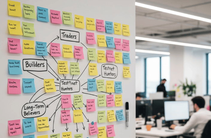 A wall covered in colorful Post-It notes organizing crypto user segments such as Builders, Traders, Testnet Hunters, and Long-Term Believers.