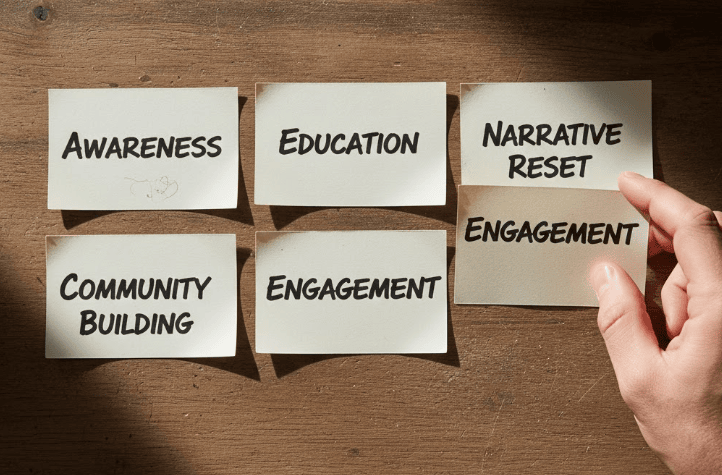 Hand selecting from cards labeled Awareness, Education, Narrative Reset, Engagement, and Community Building to define a campaign objective.