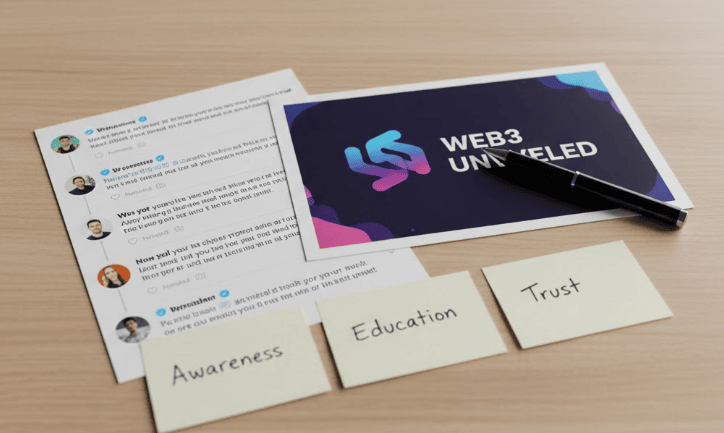 Printed social posts and labels for Awareness, Education, and Trust content types arranged on a desk to show layered KOL content strategy.