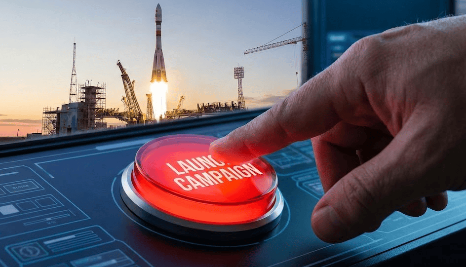 A hand pressing a large red “Launch Campaign” button with a rocket taking off in the background, symbolizing starting a KOL campaign.