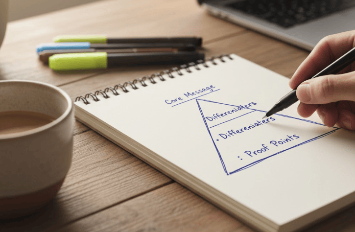 A notebook showing a hand-drawn messaging pyramid with Core Message, Differentiators, and Proof Points, illustrating how to craft campaign messaging.