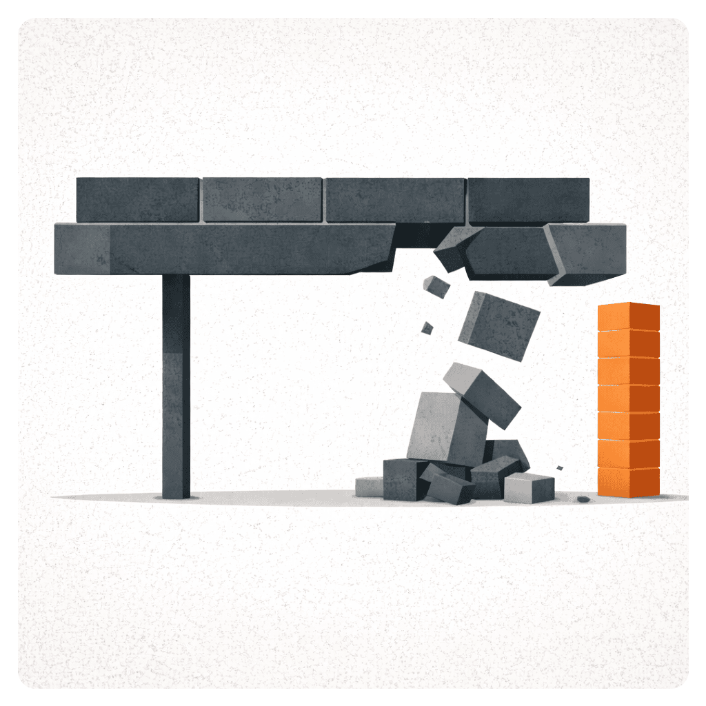 Collapsed structure representing failed incentive models contrasted with durable value-based KOL marketing.