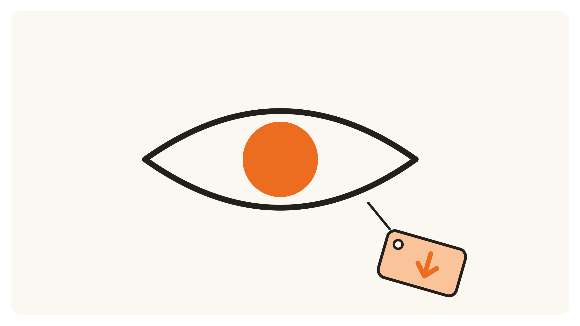 Line-art eye with an orange iris and a hanging discount tag, illustrating cheap attention for crypto marketing during a bear market.