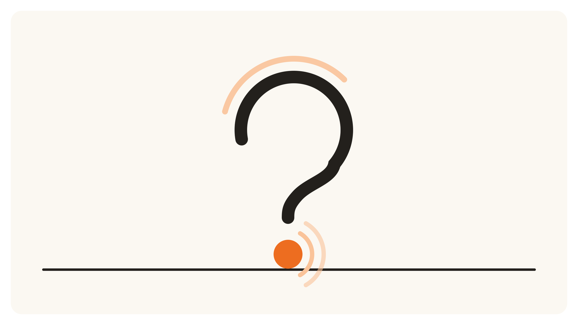 Question mark with an orange ball as its dot and peach signal arcs, marking crypto KOL marketing FAQs.