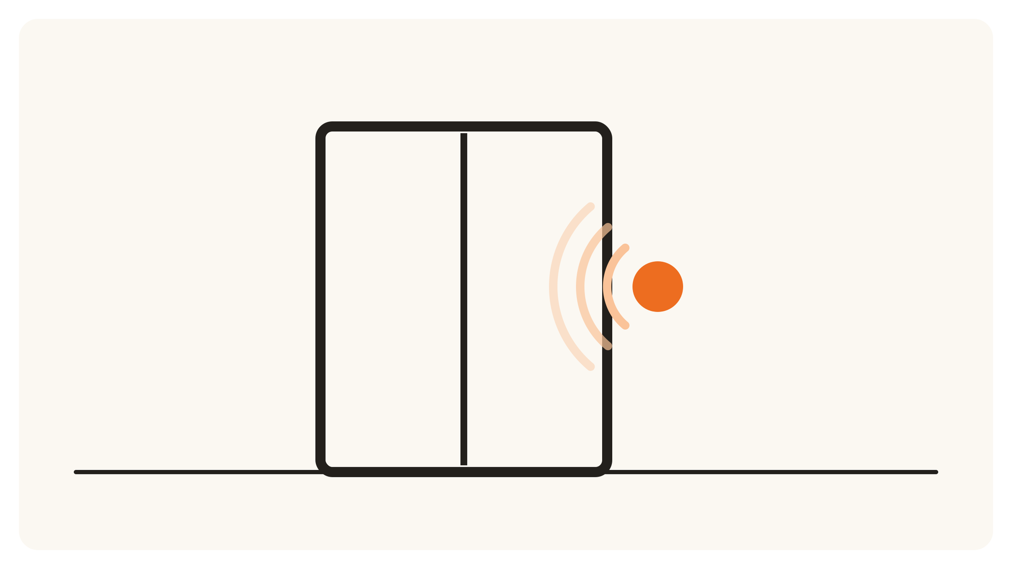 Orange ball flying through an open window frame with trailing arcs, illustrating the open window to start crypto marketing now.