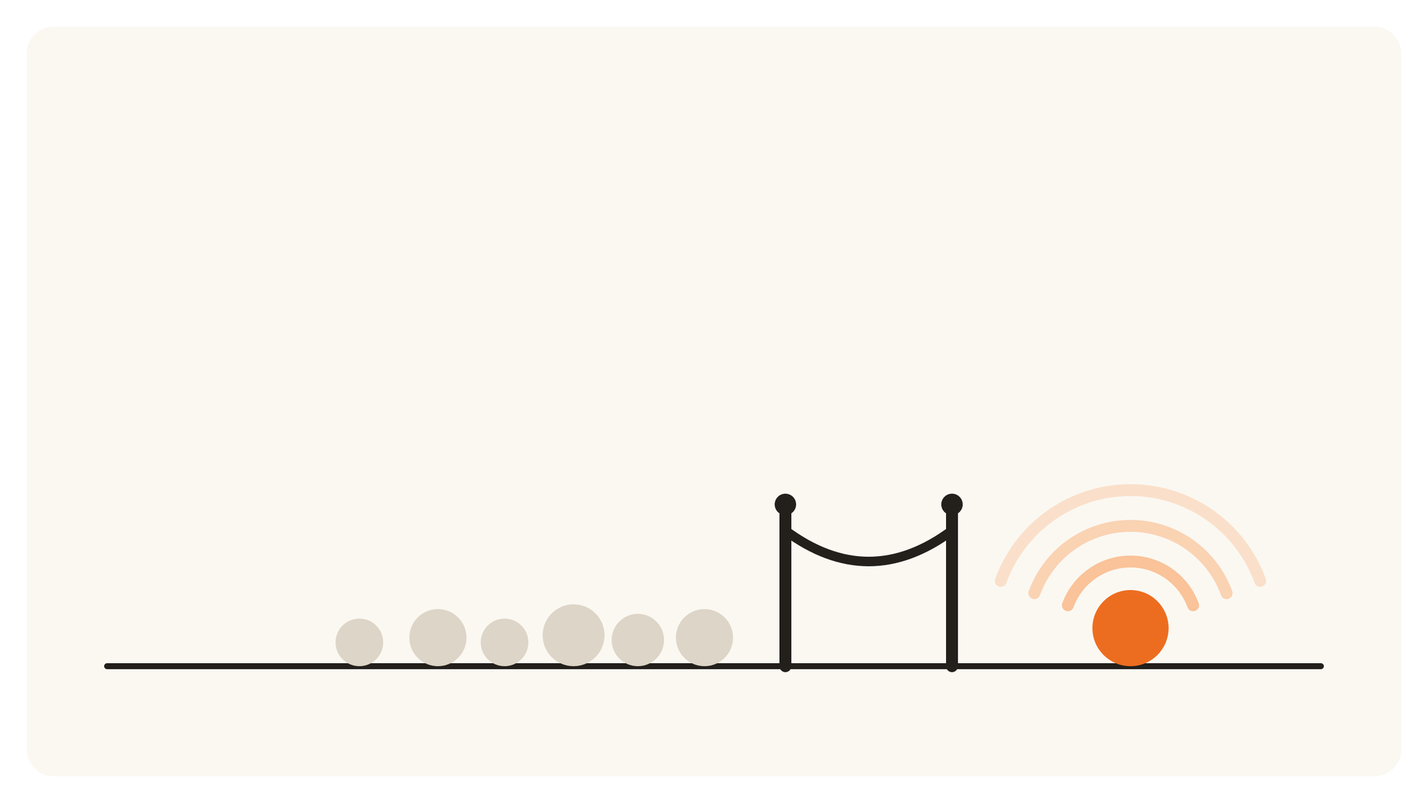 Orange ball past a rope barrier with signal arcs while gray balls queue behind it, illustrating starting crypto marketing before the crowd returns.