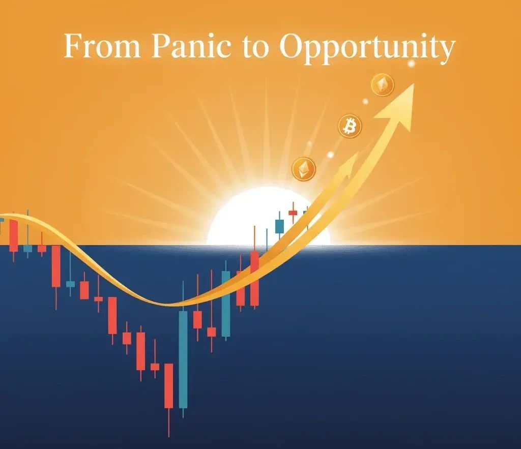Digital sunrise over crypto charts rising again, representing Bitcoin and Ethereum’s rapid rebound after the October crash.
