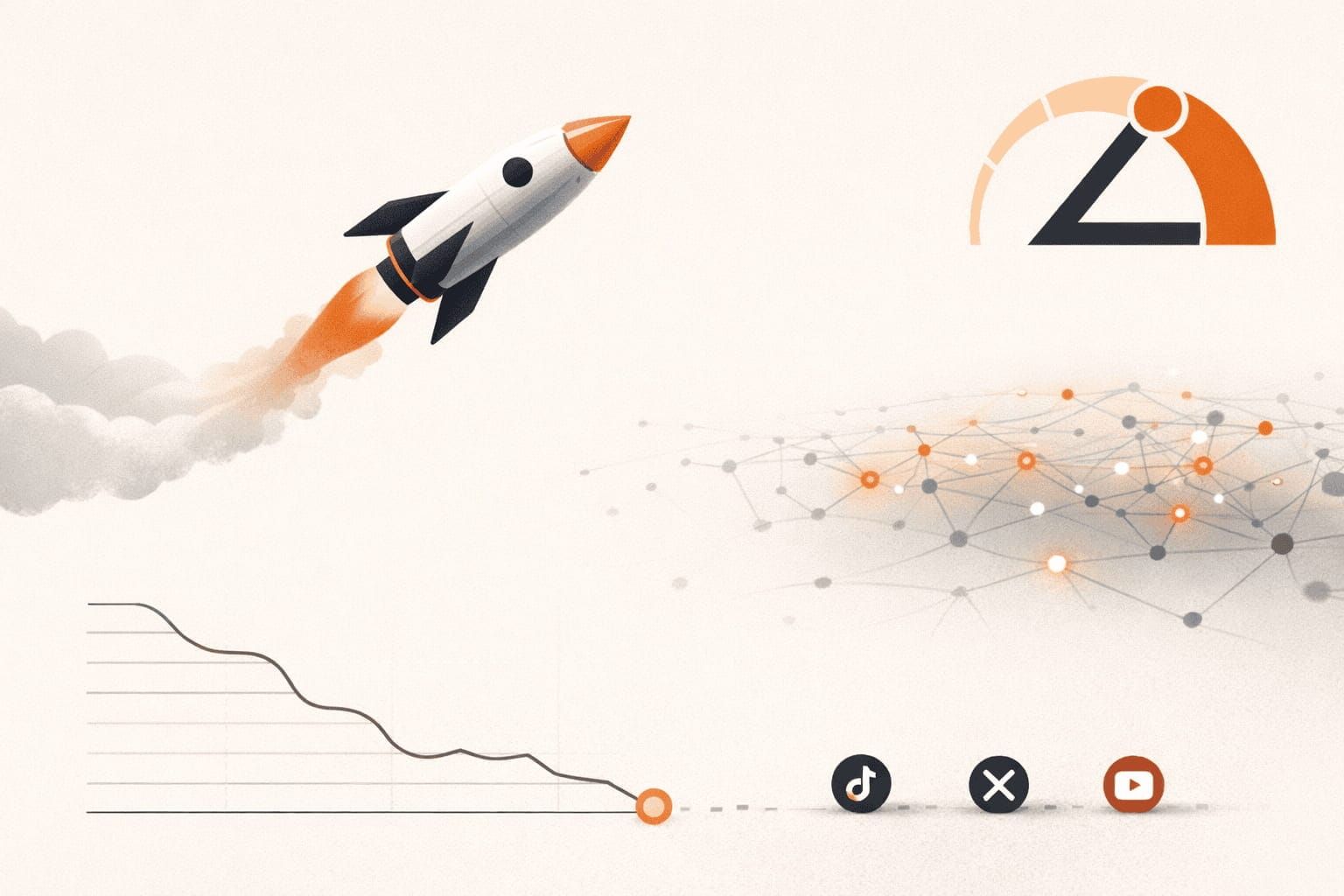 Editorial illustration of a product launch rocket with Lever logo, a falling traffic graph, and TikTok, X, and YouTube icons showing low traction before audience distribution begins.