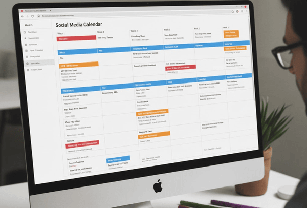 A detailed social media calendar displayed on a desktop monitor, showing a multi-week rollout schedule for campaign content.