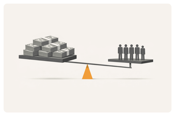 Scale illustration comparing stacks of money versus group of creators showing imbalance in rewards-only compensation.