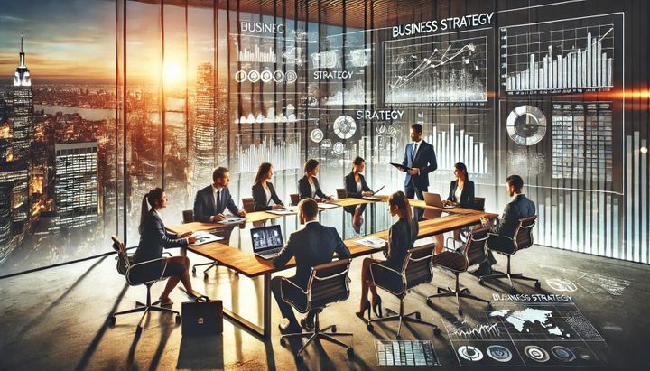 Image of a team say around a table in a skyscraper with charts head as Business Strategy on the wall
