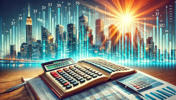 Image of a sun shining through skyscrapers with a calculator on a book
