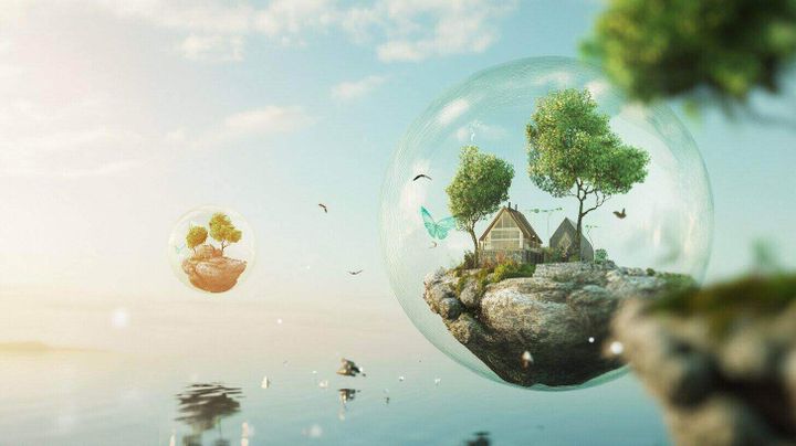 Image of houses and trees floating in bubbles above the sea