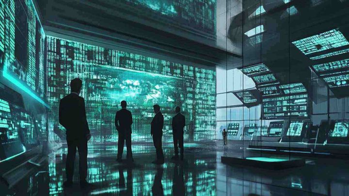 Image of computer monitors filling a room with green text