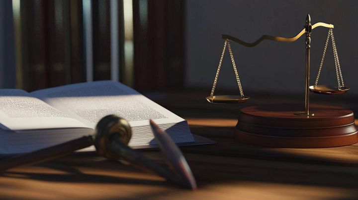 Image of a study book and the scales of justice standing on a desk