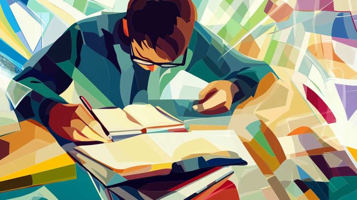 Image of a man with glasses hunched over a book