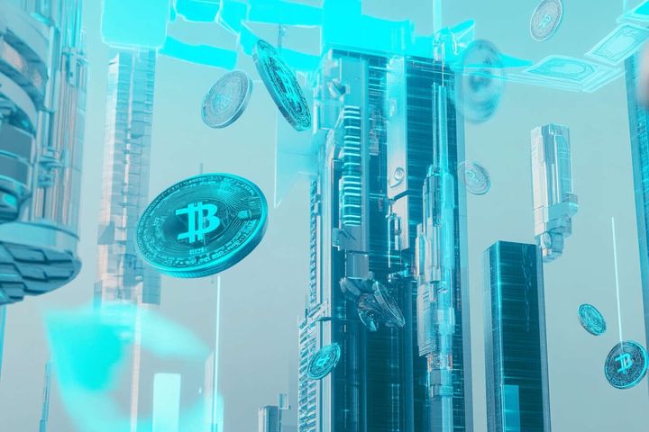 Futuristic image of skyscapers with Bitcoin raining down from the sky