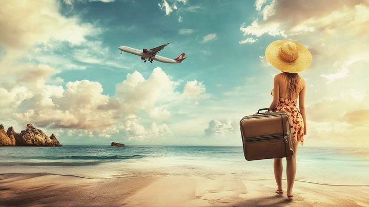 Image of a beach with a plane flying overhead