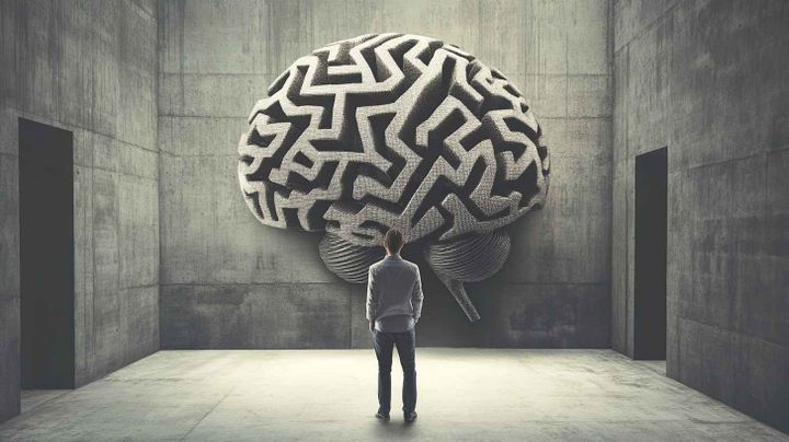 Image of a man standing in a grey room with a brain representation chiseled into the wall