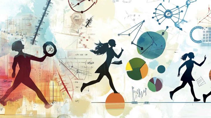 Image with silhouettes running with pie charts and graphs in the background