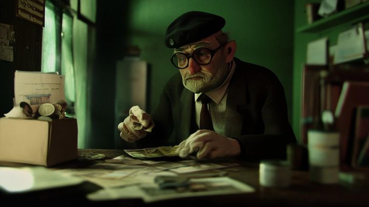 Image of an old fashioned many in a cap counting money and tax income