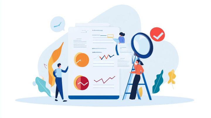 Stylised image with 3 people looking at a large presentation with pie charts