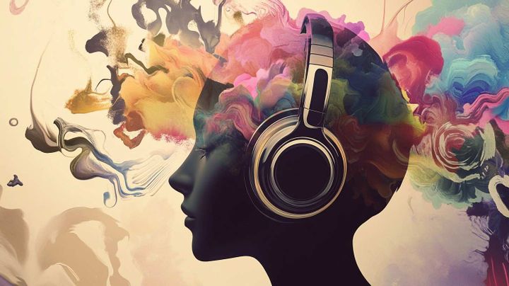 Image of a student with headphones and bright colours around their head