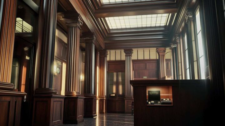 Image of the inside of an old-fashioned bank with wood panelling