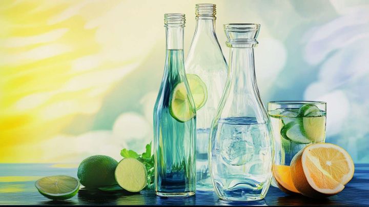Image of 3 bottles of water, limes and oranges on a table top