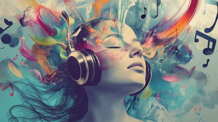 Image of a student with head phones revising with musical notes around her head