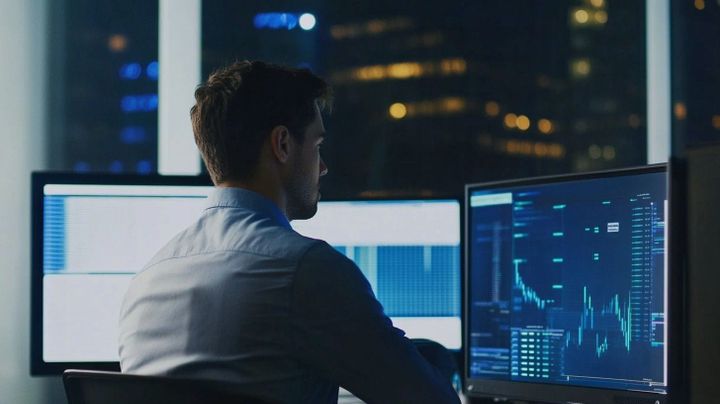 Image of an accountant reading a screen containing graphs and data