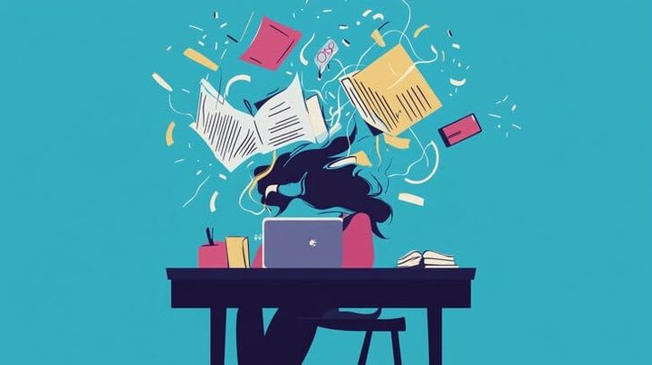 Image a woman studying with a smartphone flying off the desk