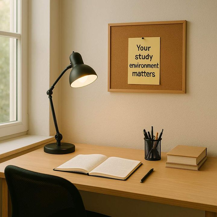 Image of a tidy workspace with natural light and the words "Your study environment matters" pinned to the wall