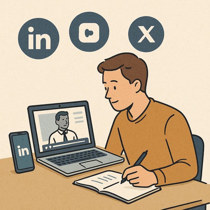 Image of a desk, computer and social links