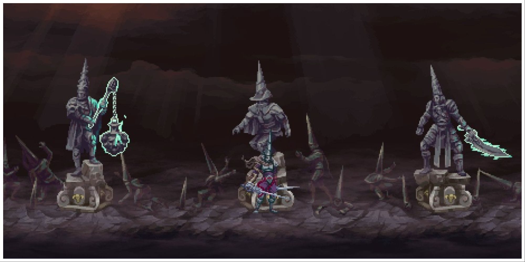 A screenshot of weapon choice with a statue of the character with Veredicto (morning star weapon) to the left, a statue with Sarmiento (rapire with a dagger) in the middle and one with Ruego Al Alba (saber) to the right. The statue in the middle missing the weapon, as the character already holding the stadning in the front of the statue.