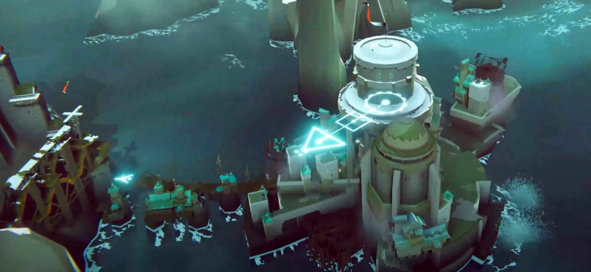 A screenshot from the Bulwark game, with a stone tower built on the small rock island and user interface for building a brindge from it.