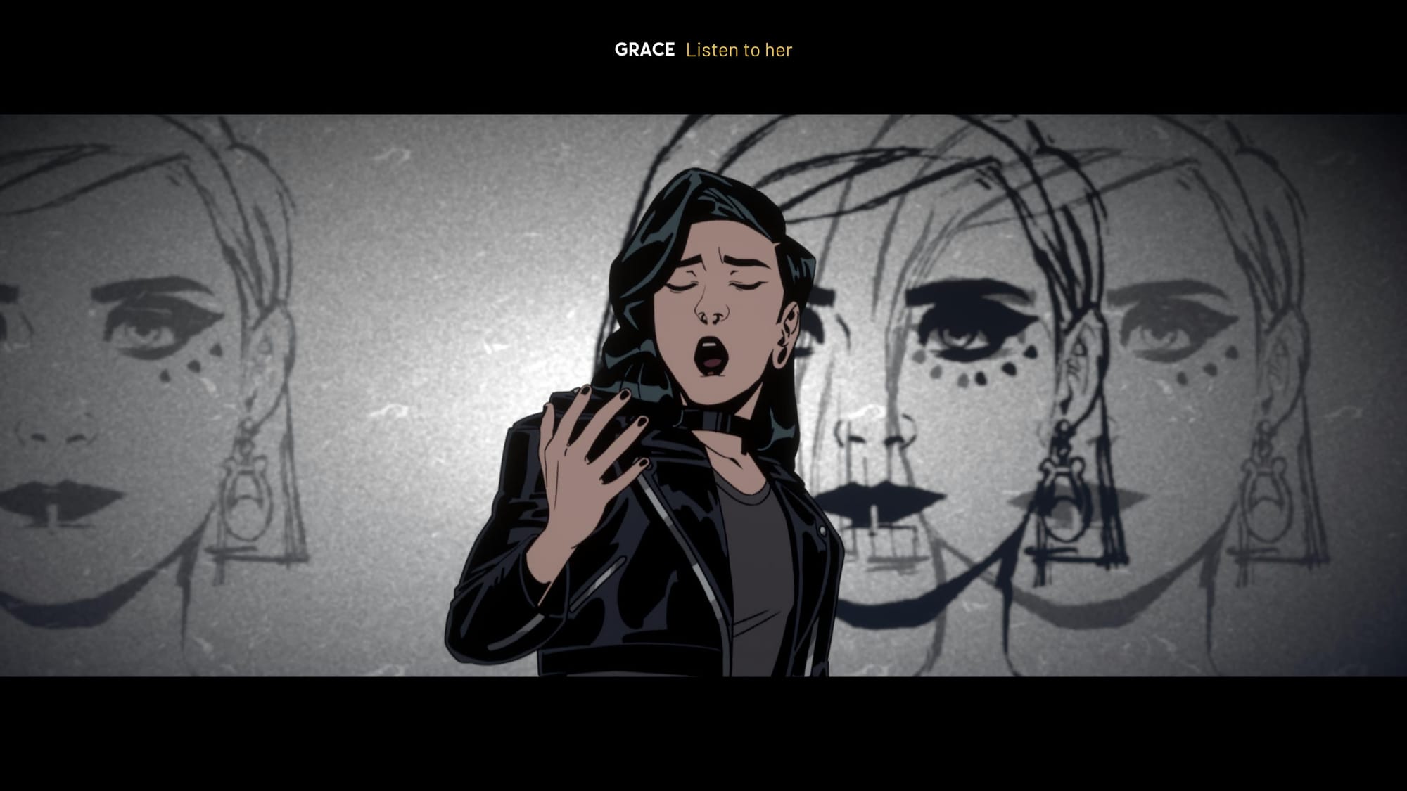 Grace, a white woman with black hair and jacket, sings on the background of pencils sketches of another woman